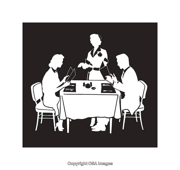 Black and White Line Art of People Dining at a Restaurant Table