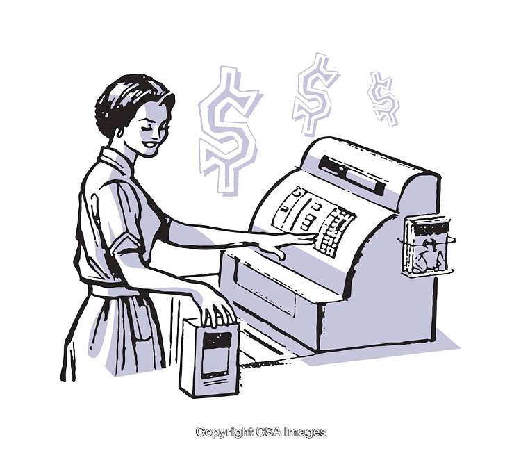 Vintage Illustration of Woman Operating a Cash Register for Business