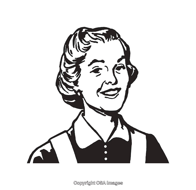 Vintage Line Art Illustration of a Smiling Woman in Apron