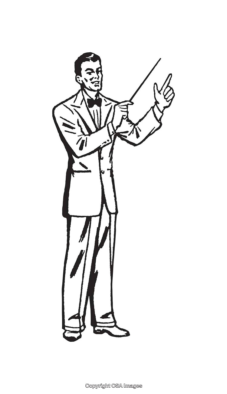 Vintage Illustration of a Conductor in Formal Attire Giving Instruction