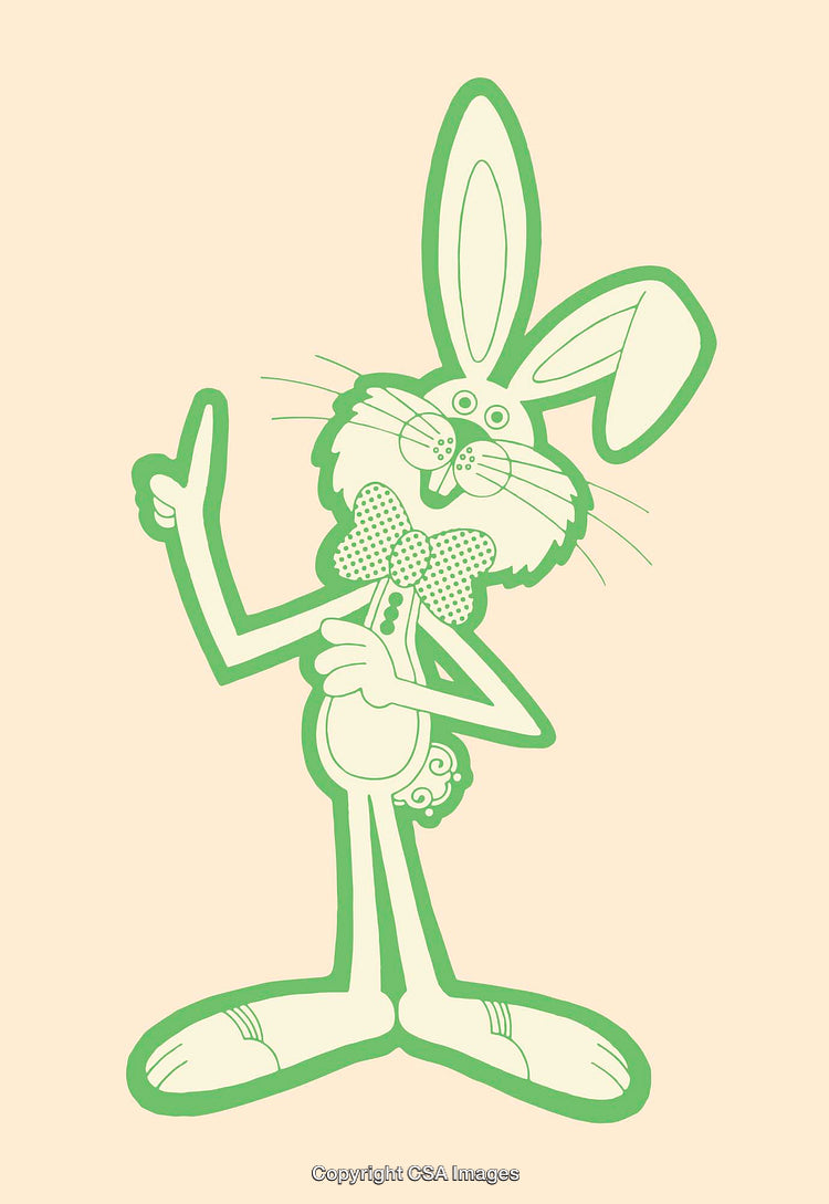 Playful Rabbit Wearing Bowtie in Green Monochrome Line Art Illustration