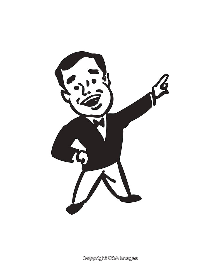 Vintage Black and White Line Art Illustration of a Pointing Businessman