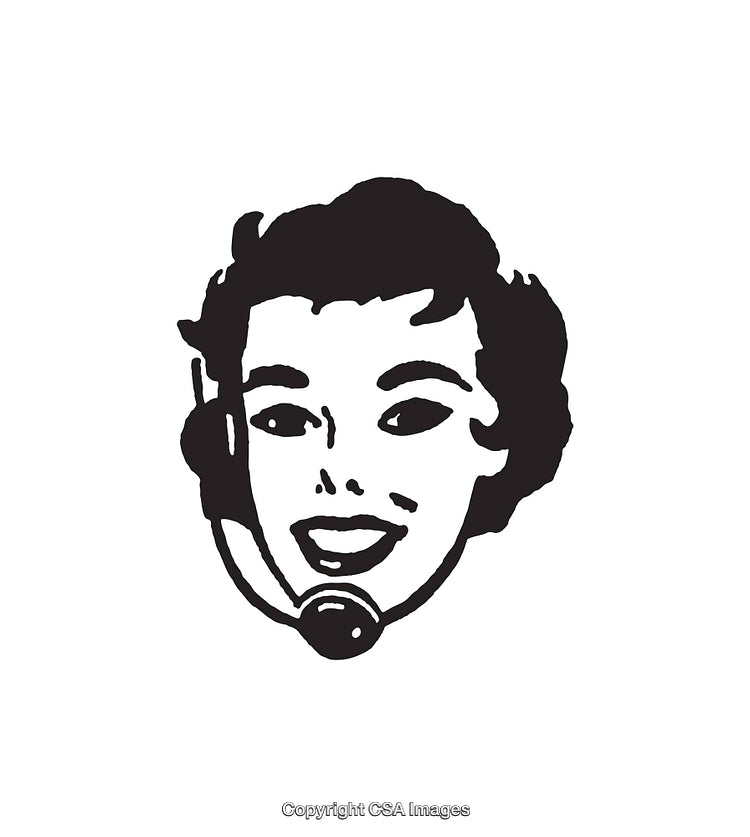 Black and White Line Art Illustration of a Smiling Lady Wearing a Headset