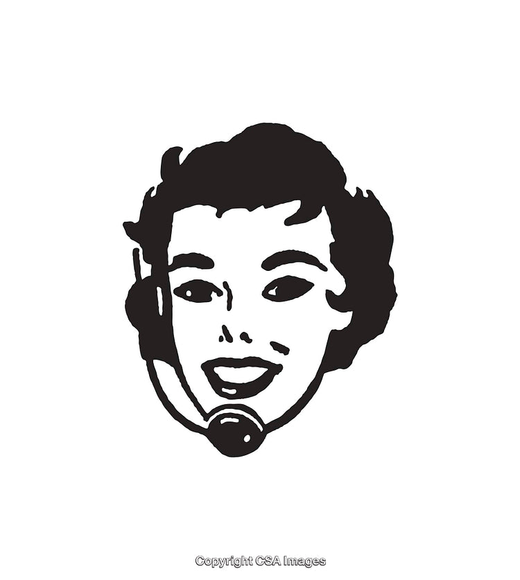 Black and White Line Art Illustration of a Smiling Lady Wearing a Headset