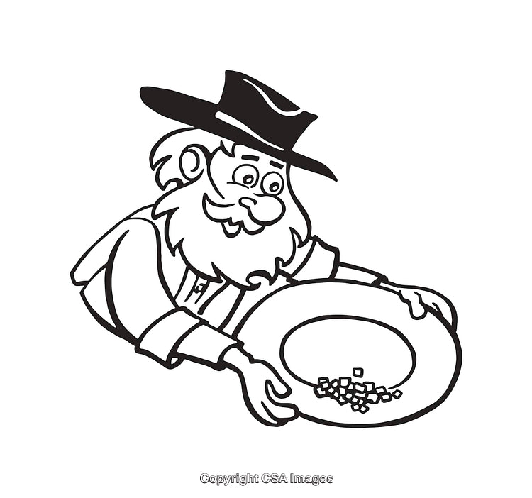 Cartoon Gold Prospector Looking at Nuggets in a Gold Pan