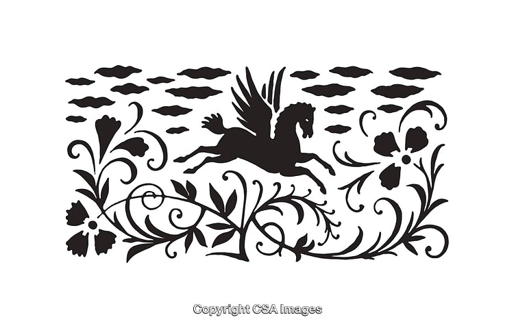 Elegant Black And White Pegasus Line Art With Floral Decorations