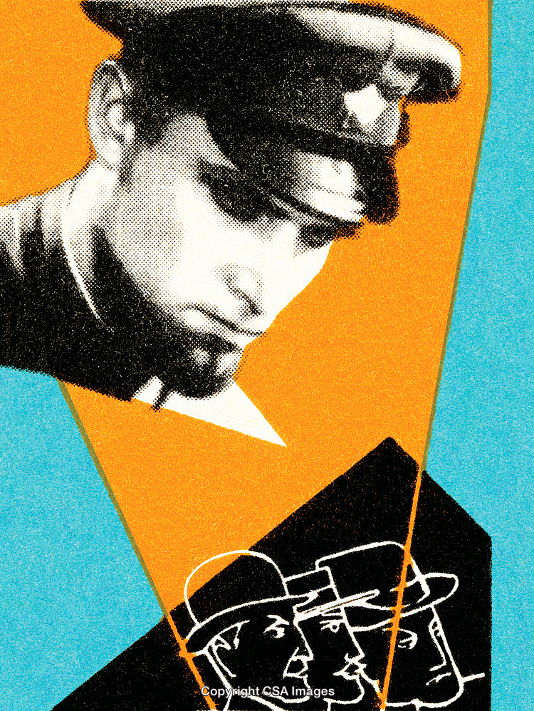 Stylized Illustration in Halftone Style Featuring Faces in Profile and Contrasting Colors