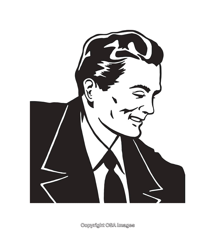 Black and White Line Art Illustration of a Smiling Businessman