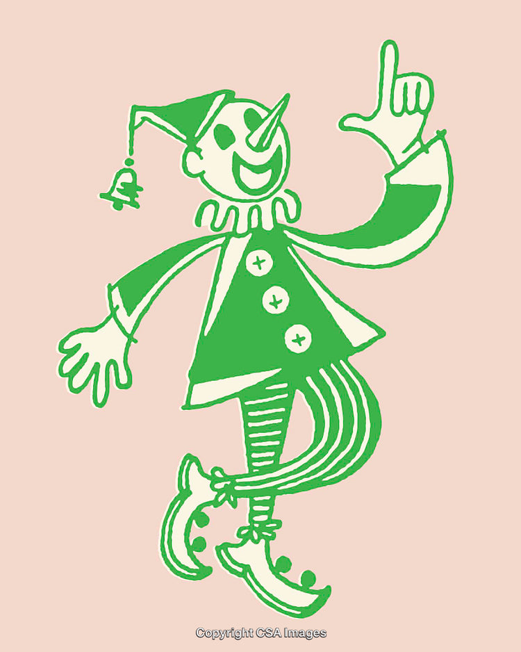 Playful Green Jester Illustration with Festive Hat and Striped Tights