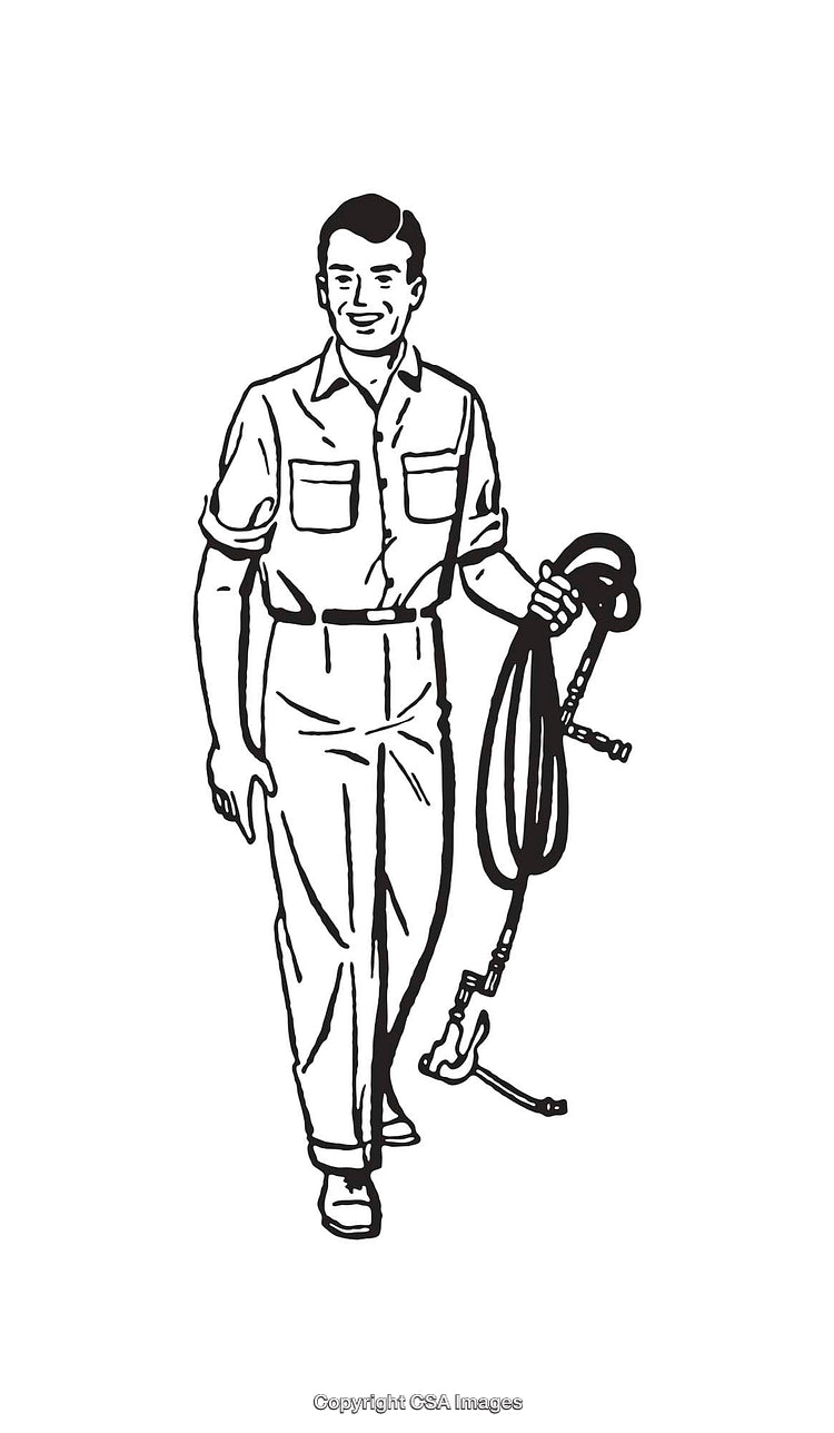 Retro Style Line Art of a Worker Holding a Hose