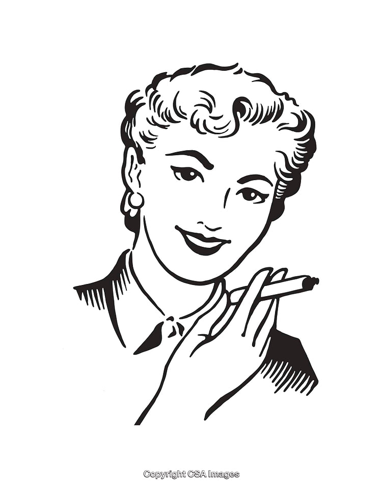Vintage Retro Lady Icon with Cigarette in Black and White Line Art