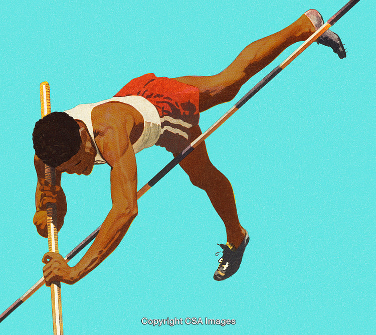 Athlete Performing a Pole Vault in Mid-Air Against Clear Blue Sky