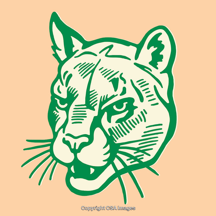 Green Line Art Illustration of a Puma Face on a Beige Background