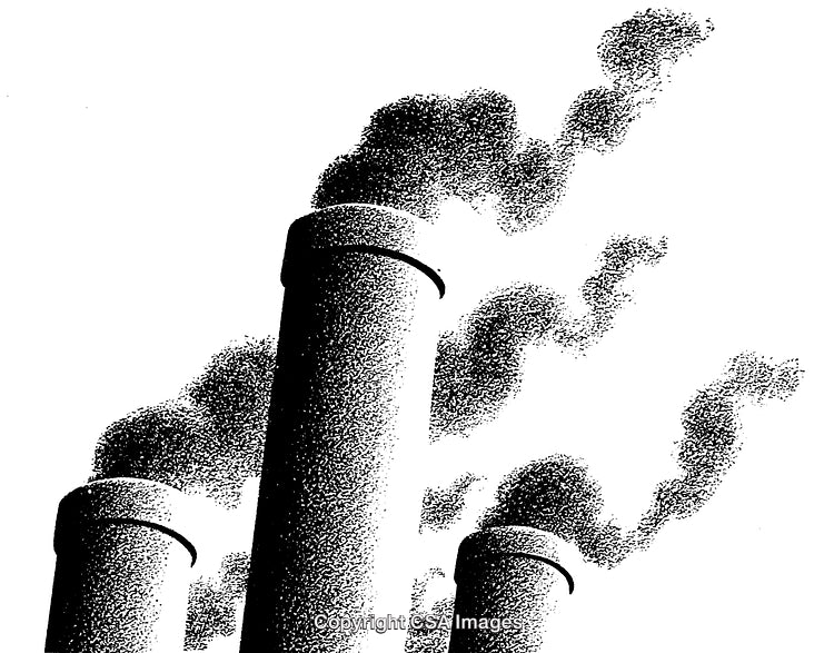 Detailed Black and White Engraving of Industrial Chimneys with Emissions