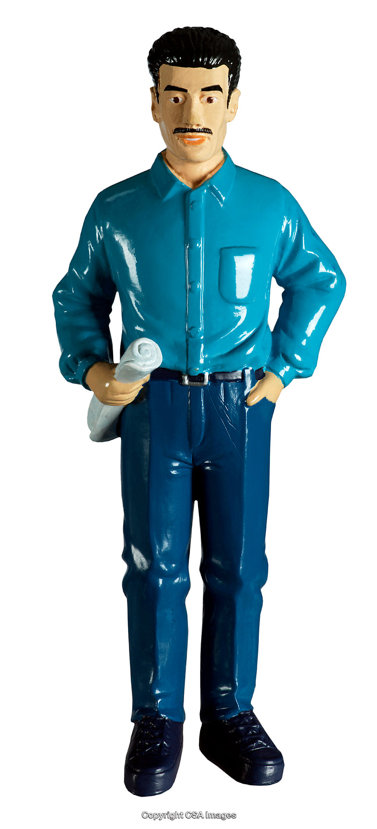 Plastic Figurine of Man Holding Rolled Document in Blue Outfit
