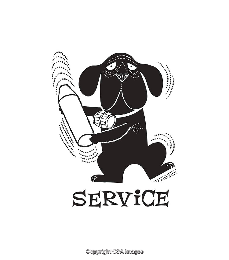 Black and White Illustration of a Dog Holding a Service Device