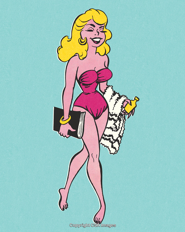 Cheerful Retro Cartoon Woman Walking With Accessories and Relaxing Vibes