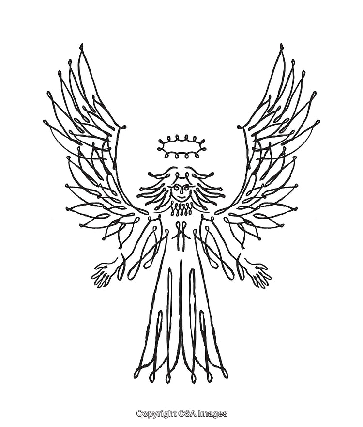 Black and White Angel Illustration with Detailed Wings and Halo
