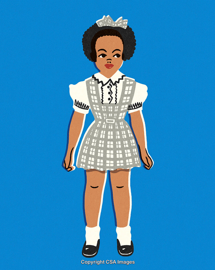 Illustration of a Girl in Traditional Plaid Dress on Blue Background