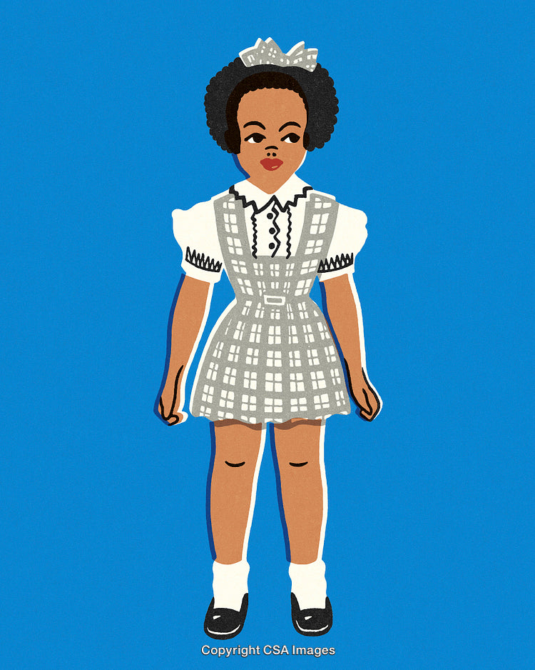 Illustration of a Girl in Traditional Plaid Dress on Blue Background