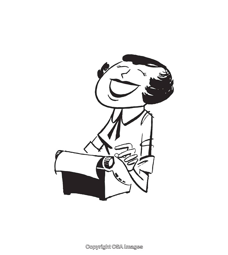 Vintage Black and White Illustration of a Woman Typing on a Typewriter