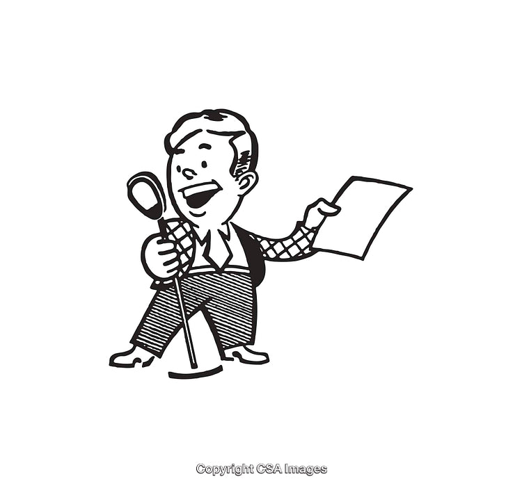 Black and White Line Art of a Performer Holding Microphone and Script