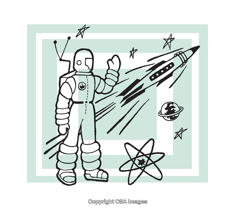 Retro Astronaut Illustration with Rocket Flying in Space