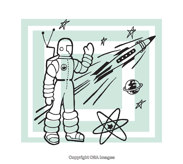 Retro Astronaut Illustration with Rocket Flying in Space