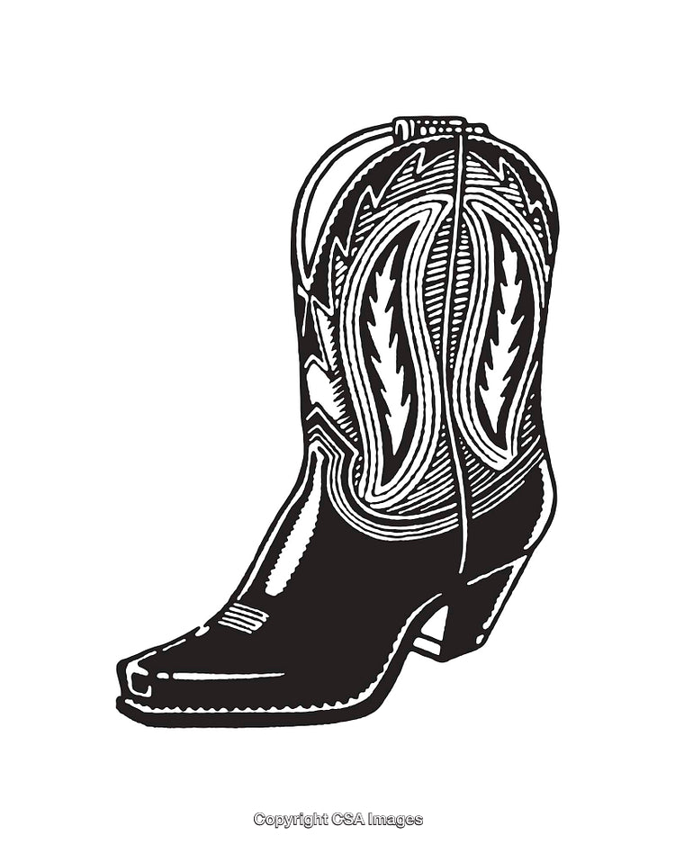 Detailed Black and White Line Art Illustration of a Western Cowboy Boot