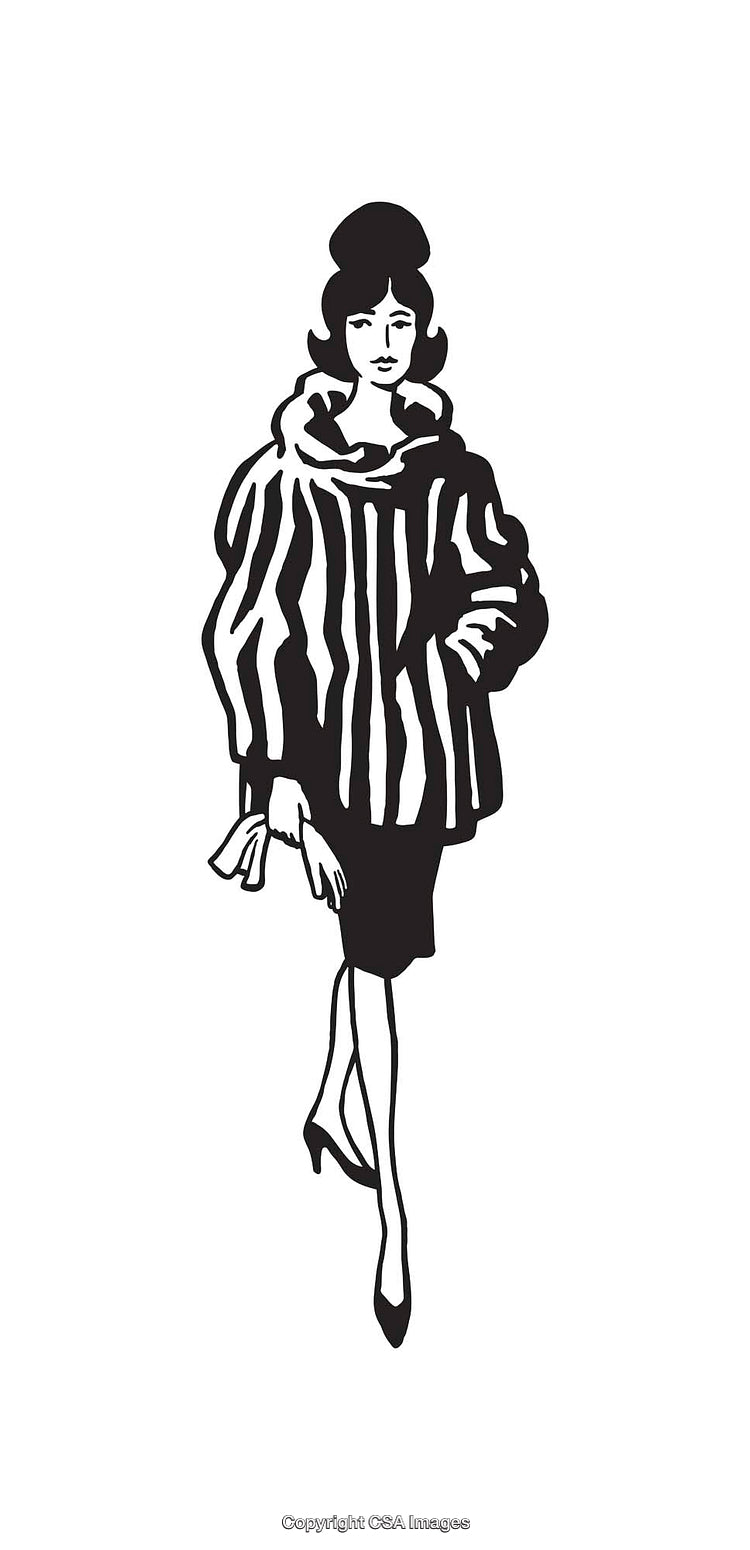 Elegant Woman in Stylish Fur Coat Line Art Illustration