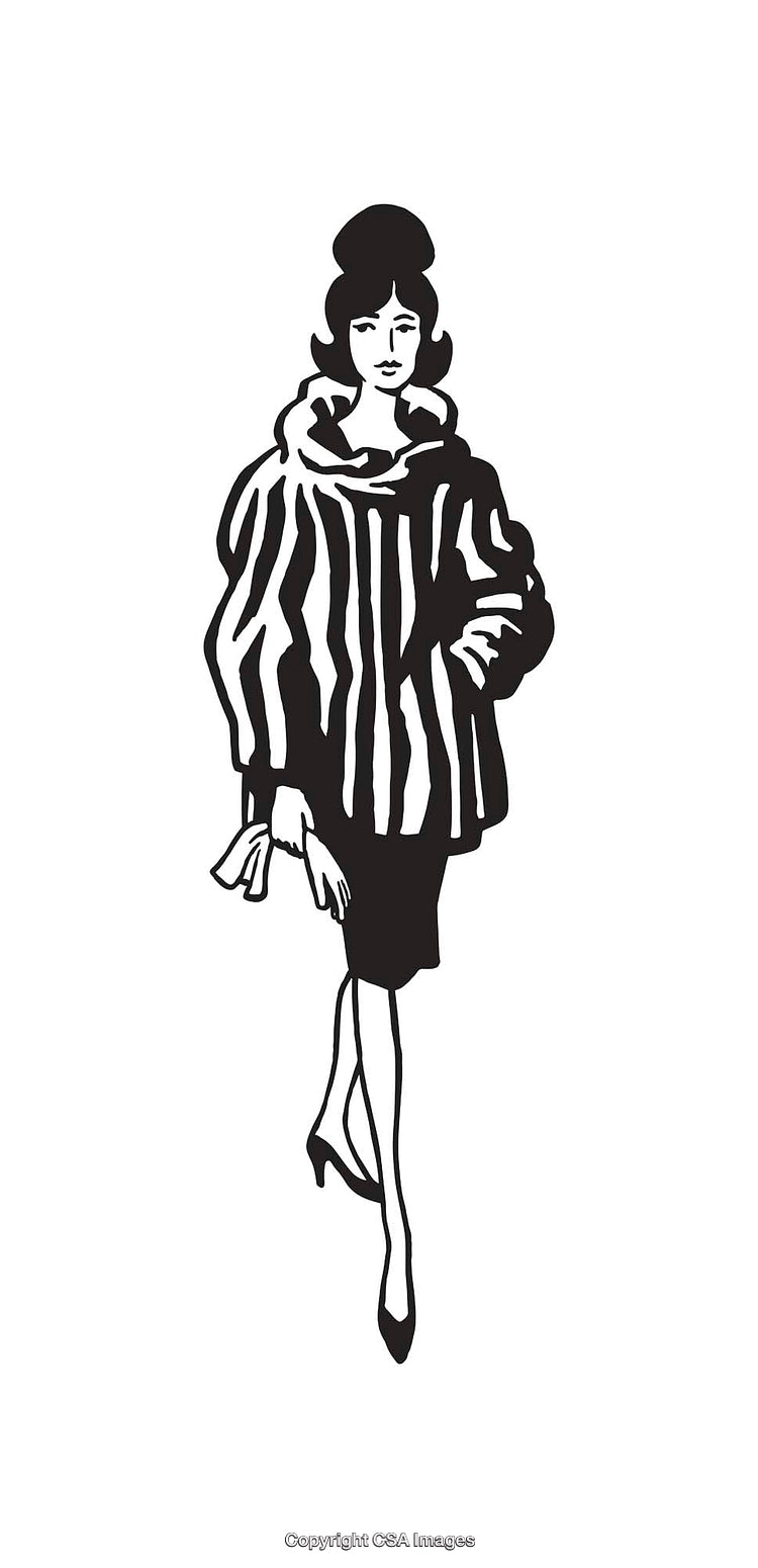 Elegant Woman in Stylish Fur Coat Line Art Illustration