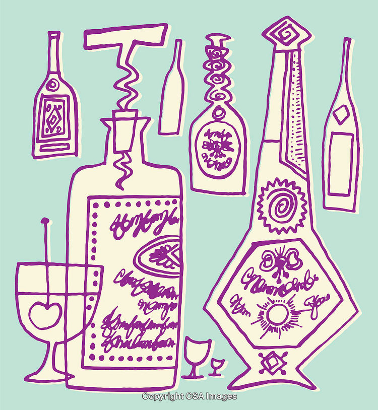 Artistic Line Drawing of Bottles and Glasses in Unique Style
