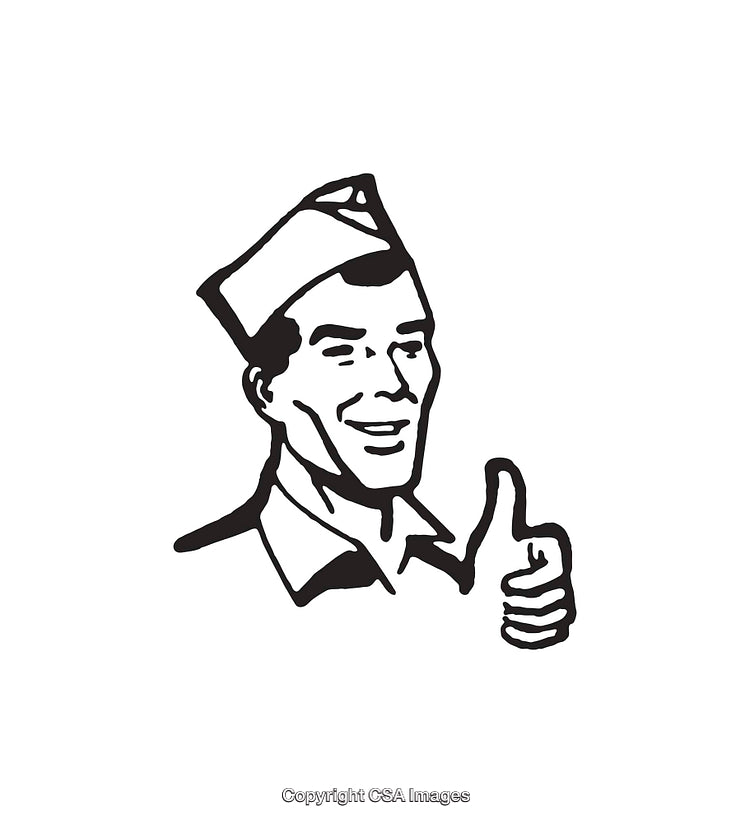 Vintage Black and White Drawing of a Smiling Man Giving Thumbs Up