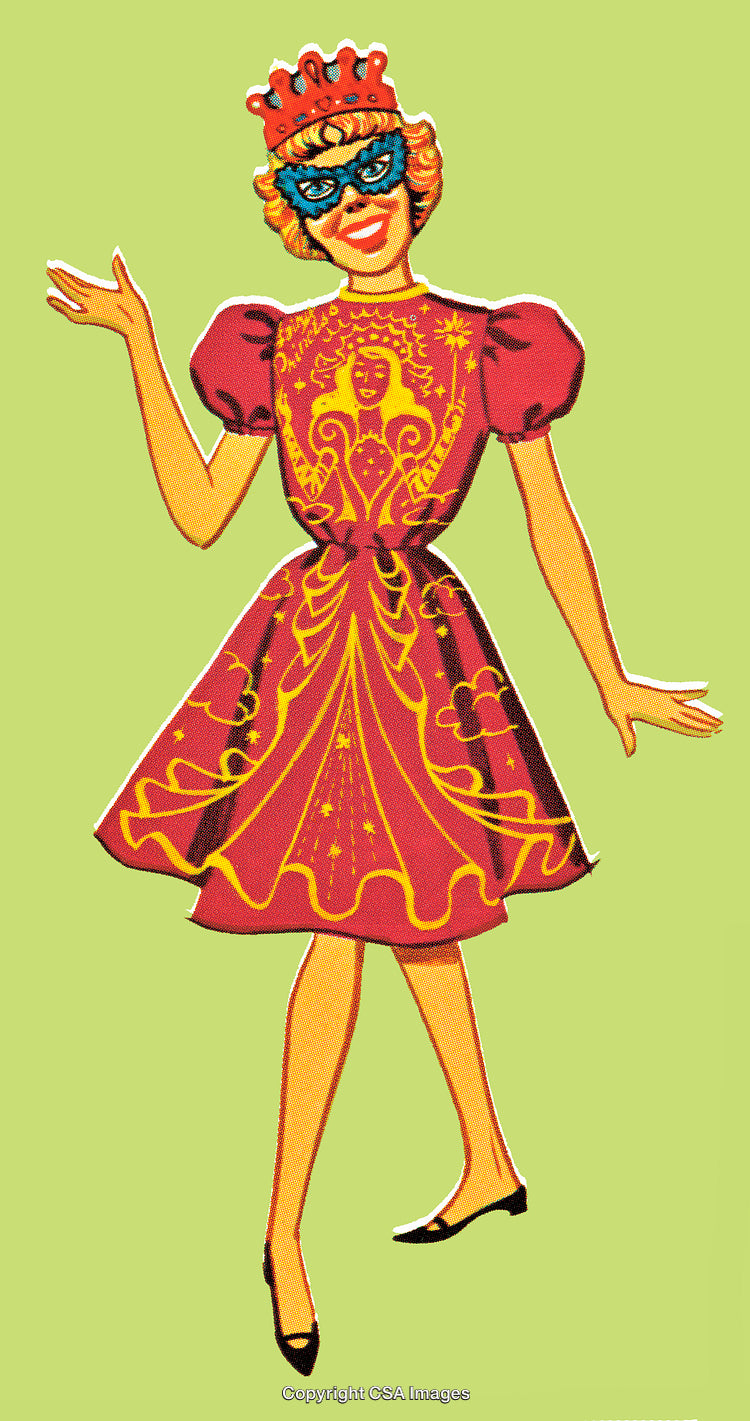 Vintage Illustration of a Woman Dressed as a Queen with Mask and Crown