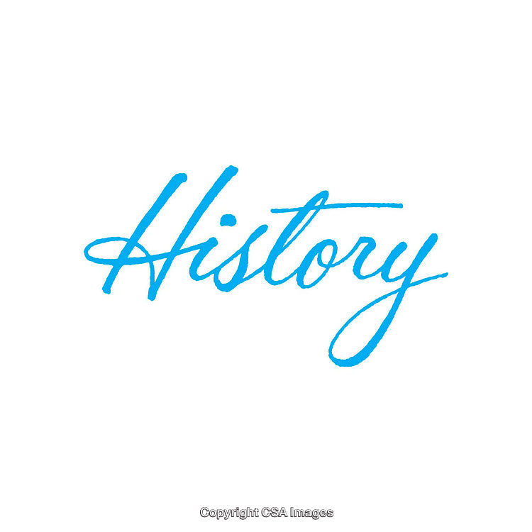 Blue Cursive Handwritten Word 'History' on a White Background