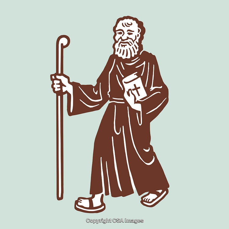 Illustration of a Monk Holding a Staff and a Bible with a Cross