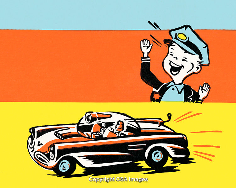 Retro Cartoon Illustration of Cheerful Policeman and Vibrant Car