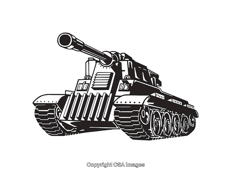 Black and White Line Art of a Military Tank with Detailing