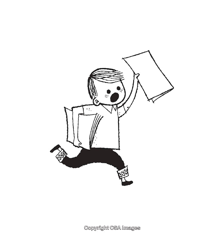 Black and White Line Art of Excited Child Running With Papers