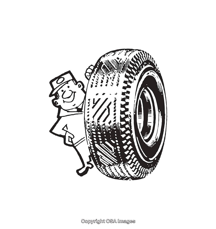 Black And White Drawing of a Smiling Worker With a Tire