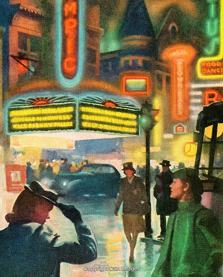 Vibrant Evening Cityscape With Neon Signs and Urban Activity