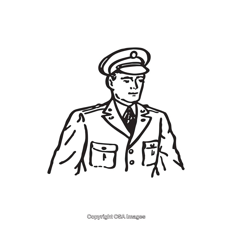 Black and White Line Art of a Uniformed Officer