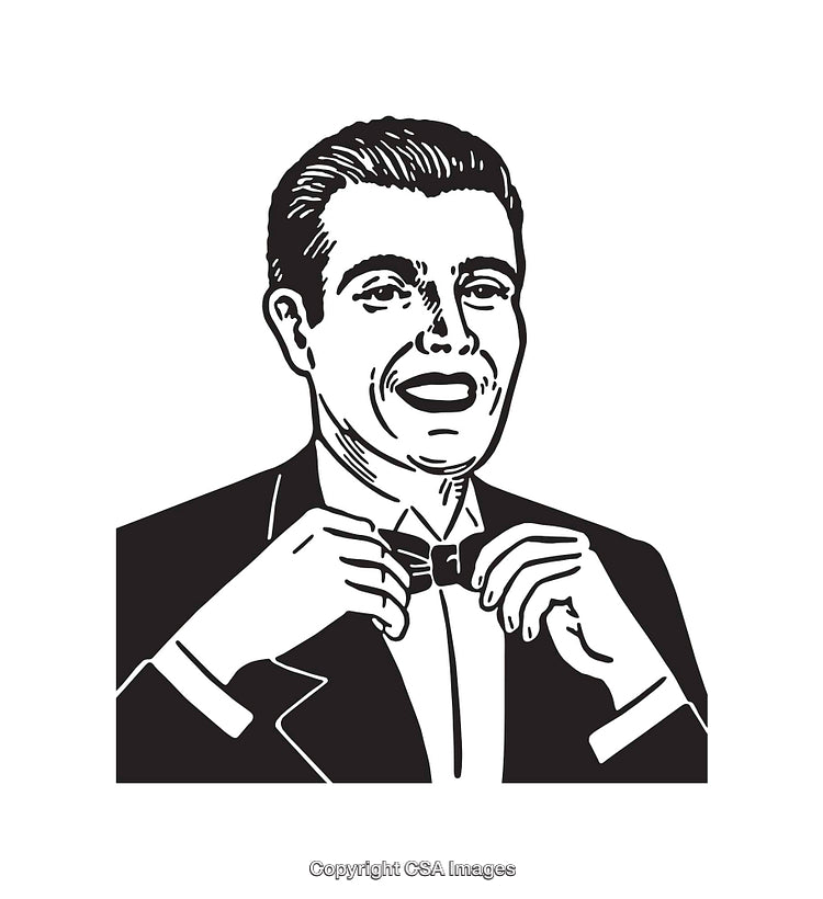 Stylish Gentleman Adjusting Bow Tie in Black and White Illustration