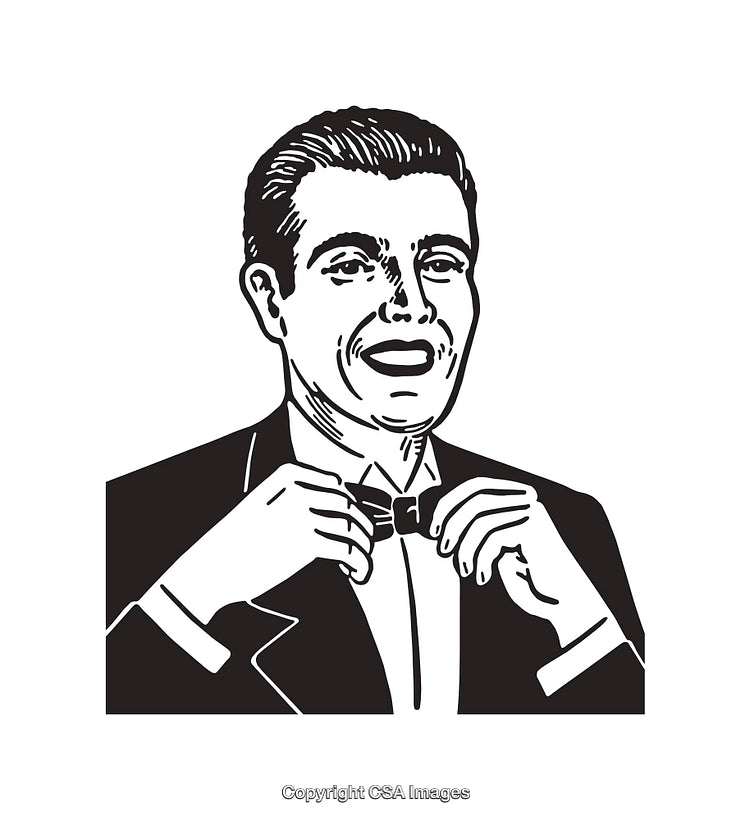 Stylish Gentleman Adjusting Bow Tie in Black and White Illustration