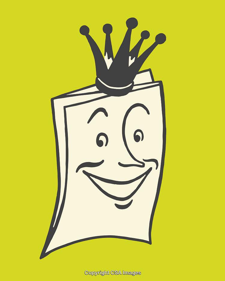 Smiling Cartoon Paper with Crown Illustration on Green Background