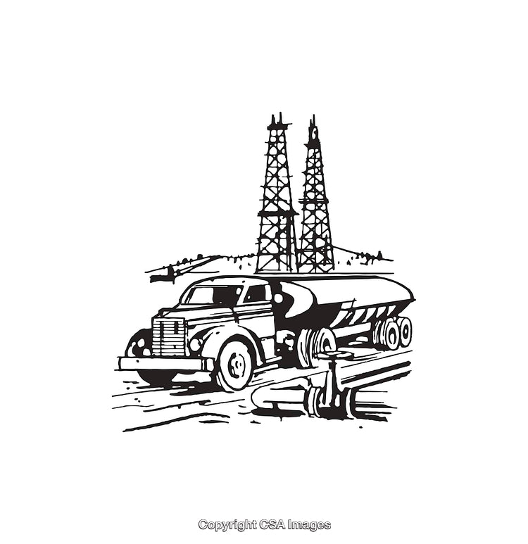 Vintage Truck and Oil Rig Line Art Illustration in Black and White