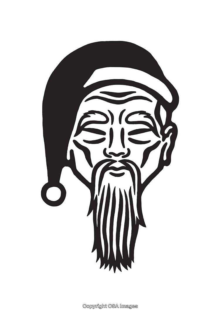 Black and White Line Art of a Bearded Face in a Festive Hat