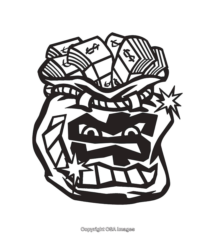 Cartoon Style Money Bag Line Art Illustration with Bills and Expressions