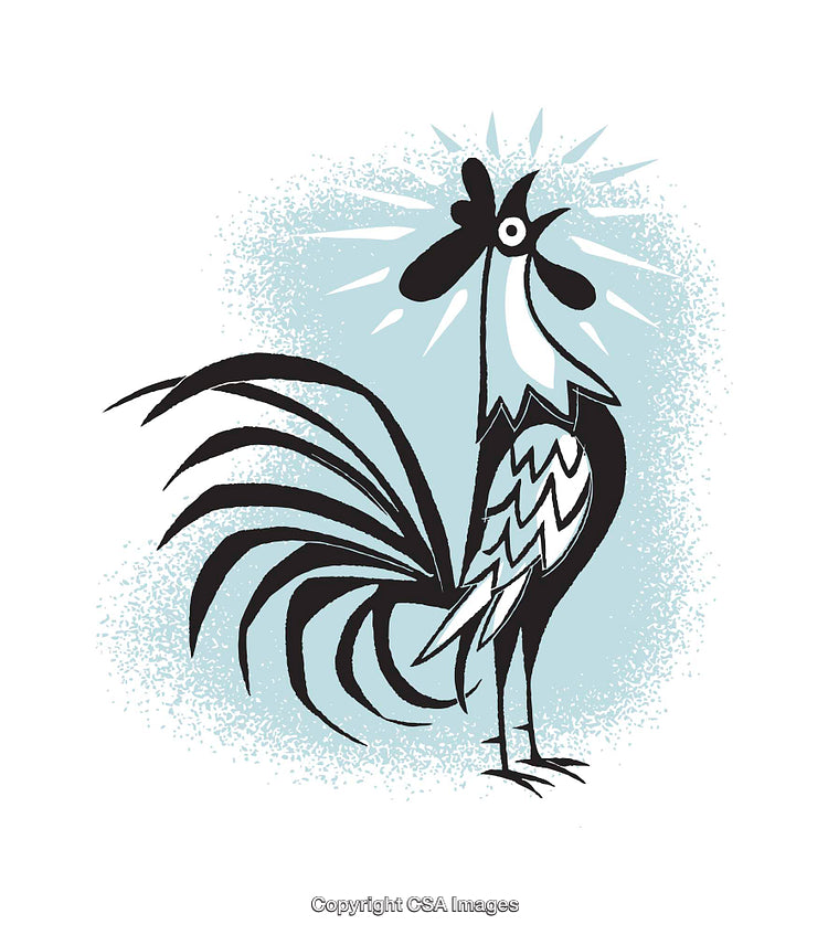 Colorful Decorative Illustration of a Crowing Rooster with Stylized Details