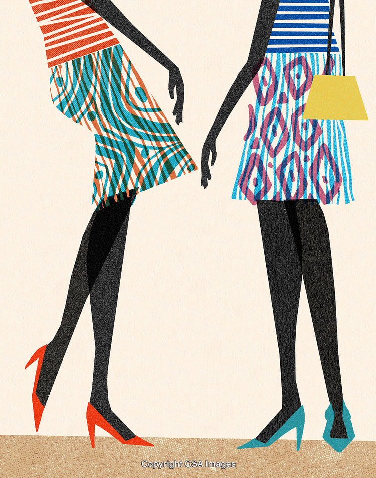Stylish Women in Colorful Dresses and Heels Illustrative Artwork